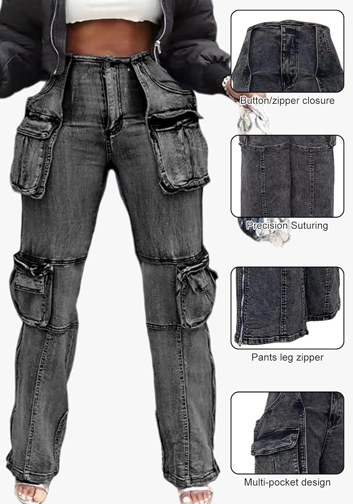 LKOUS Casual Cargo Jeans for Women, Zip Side Slit Denim